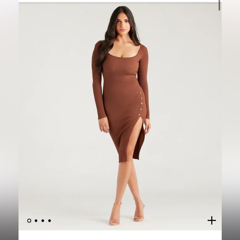 NWT - Windsor Long-Sleeve Sweater Midi-Dress, Brown, Gold Buttons, Front Slit, M